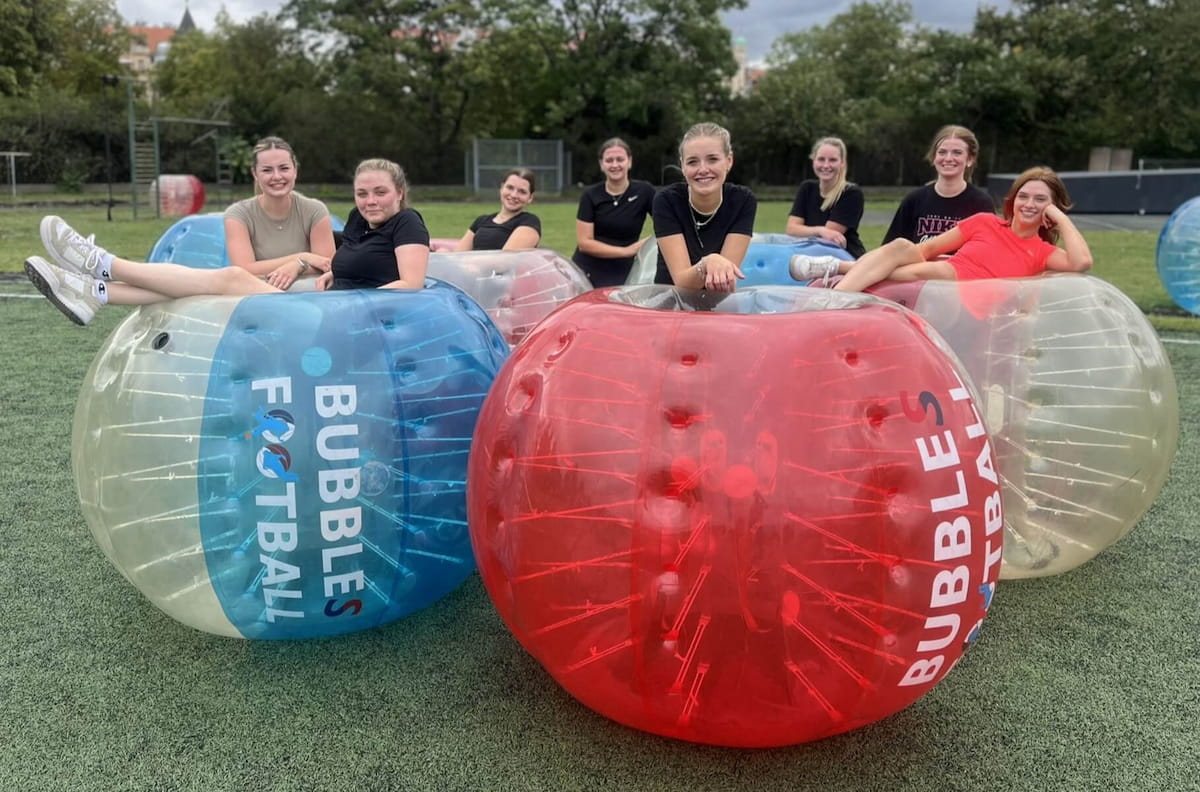 Bubble football fun with friends Prague stag party